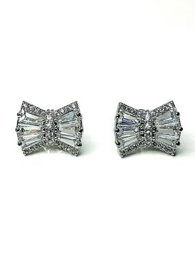 Silver Filled Baguette Cut CZ Bow  Stud Earrings Sparkly Dainty Cute Ribbon
